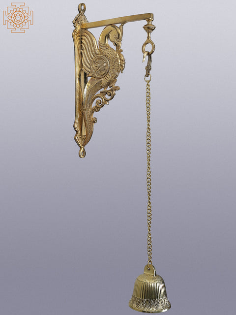 26" Brass Parrot Wall Bracket with Temple Bell