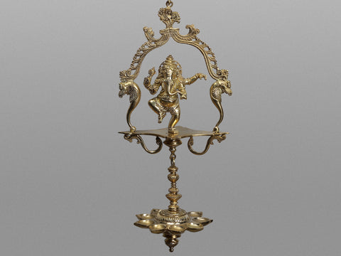 44" Brass Parrot Wall Bracket with Lord Ganesha Hanging Lamp