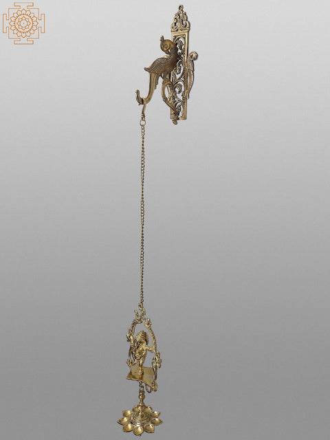 44" Brass Parrot Wall Bracket with Lord Ganesha Hanging Lamp