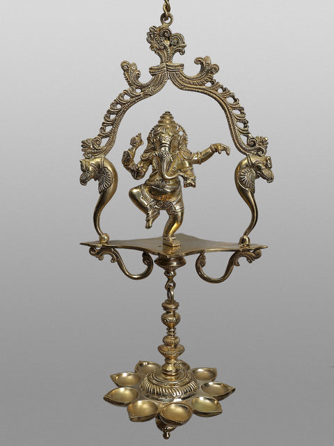 44" Brass Parrot Wall Bracket with Lord Ganesha Hanging Lamp