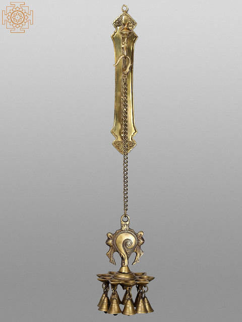 24" Brass Peacock Wall Bracket with Vaishnava Symbol (Conch) Hanging Lamp