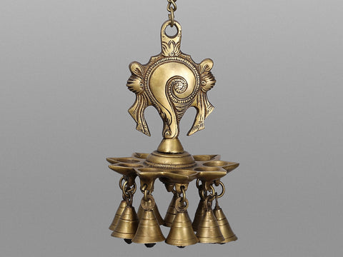 24" Brass Peacock Wall Bracket with Vaishnava Symbol (Conch) Hanging Lamp