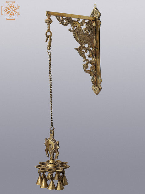 24" Brass Peacock Wall Bracket with Vaishnava Symbol (Conch) Hanging Lamp