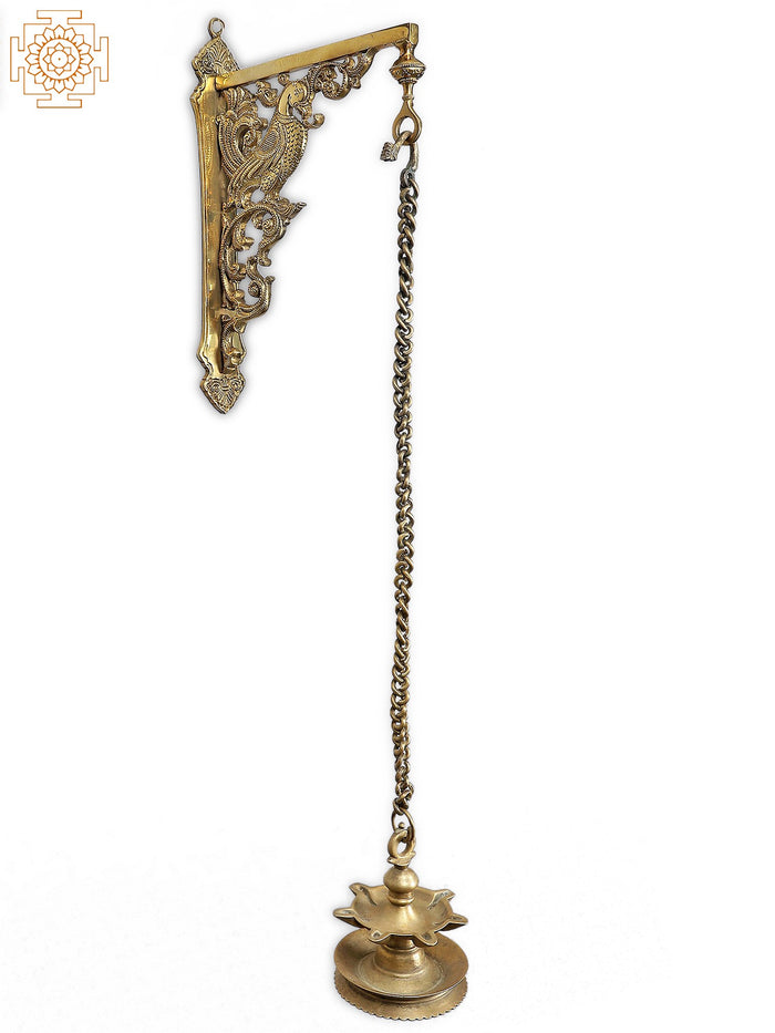 32" Brass Peacock Wall Hanging Lamp with Five Oil Wicks