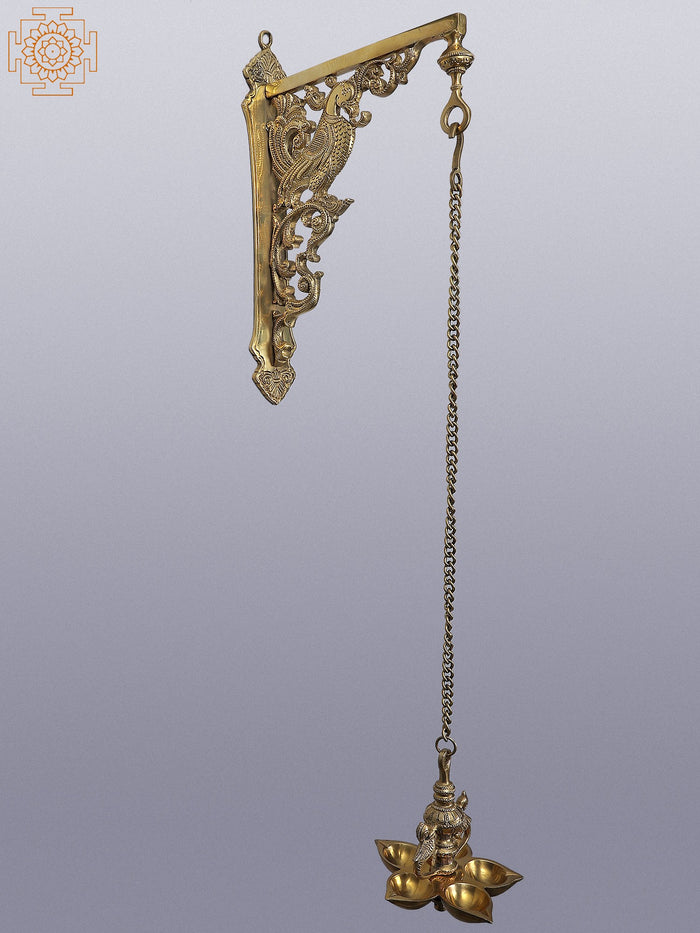 29" Brass Peacock Oil Lamp Wall Hanging with Five Wicks