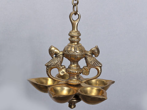 29" Brass Wall Hanging Bracket with Five Wicks Peacock Lamp