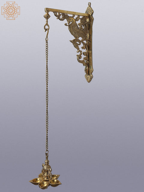 29" Brass Wall Hanging Bracket with Five Wicks Peacock Lamp