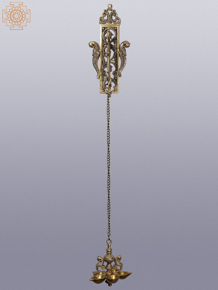34" Brass Peacock Oil Lamp Wall Hanging with Five Wicks