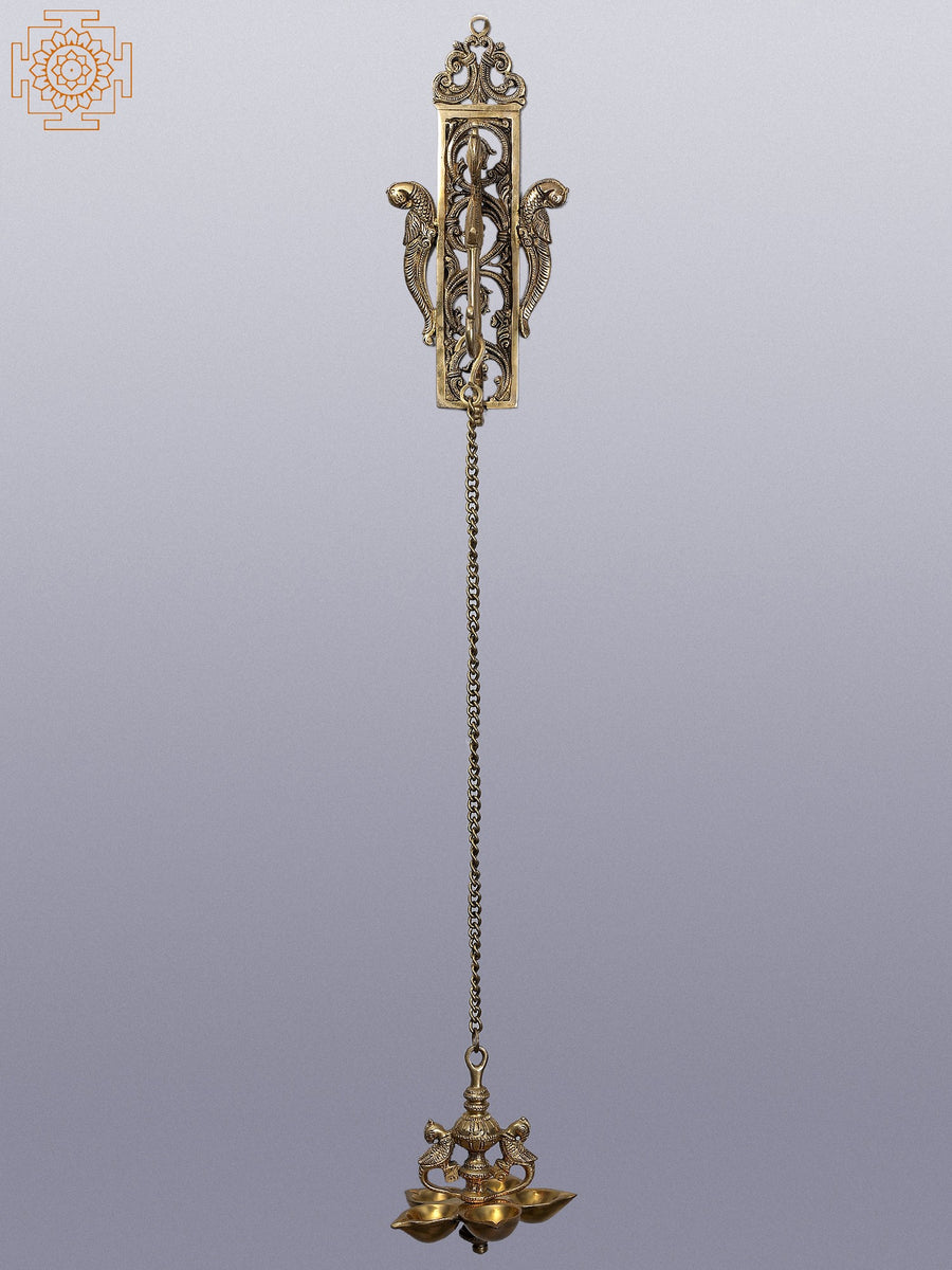 34" Brass Peacock Oil Lamp Wall Hanging with Five Wicks