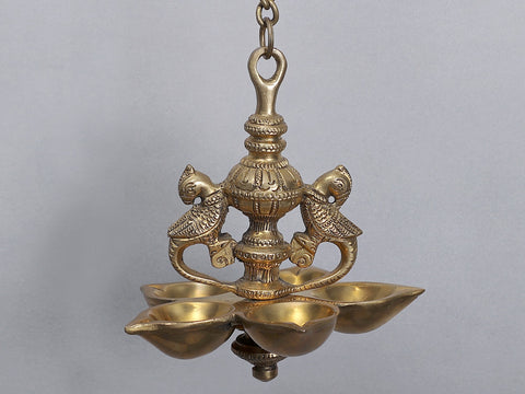 34" Brass Wall Hanging Bracket with Five Wicks Peacock Lamp