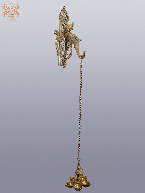 34" Brass Wall Hanging Bracket with Five Wicks Peacock Lamp