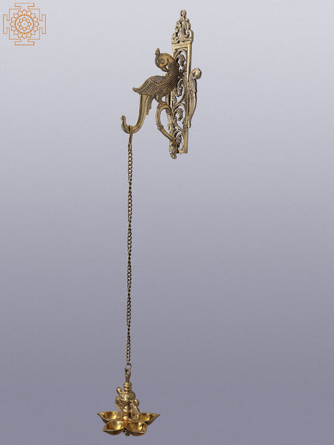 34" Brass Wall Hanging Bracket with Five Wicks Peacock Lamp
