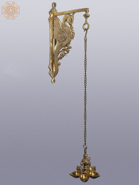 30" Brass Wall Hanging Bracket with Five Wicks Parrot Lamp