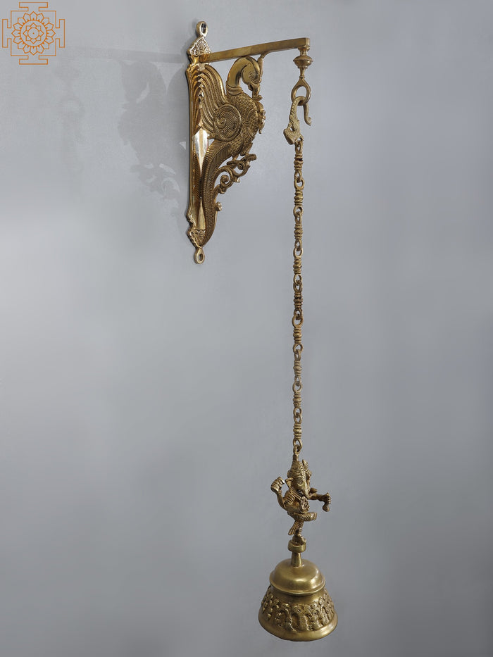 36" Brass Ganesha Parrot Bracket Wall Hanging with Bell
