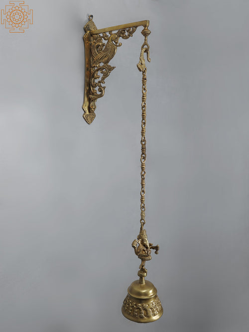 34" Brass Peacock Wall Bracket with Ganesha Dancing Hanging Bell