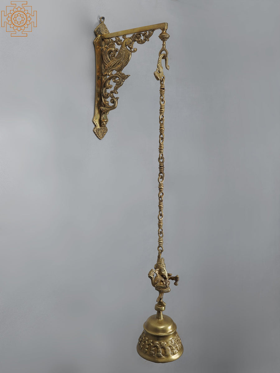 34" Brass Peacock Wall Bracket with Ganesha Dancing Hanging Bell