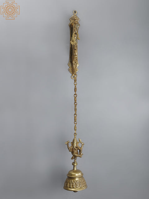 34" Brass Peacock Bracket with Dancing Lord Ganesha Hanging Bell