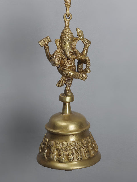 34" Brass Peacock Bracket with Dancing Lord Ganesha Hanging Bell