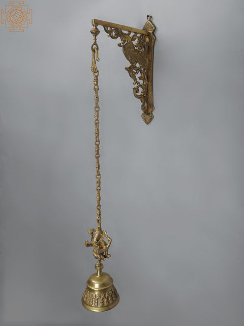 34" Brass Peacock Bracket with Dancing Lord Ganesha Hanging Bell