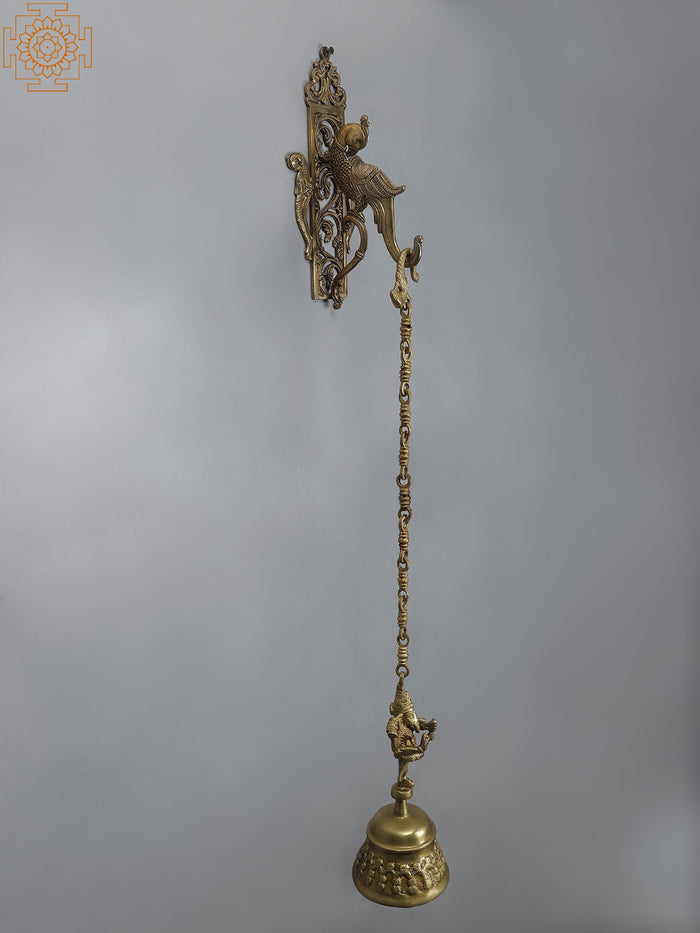 38" Brass Dancing Ganesha Wall Hanging Parrot Bracket with Bell