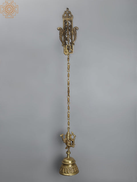 38" Brass Wall Hanging Parrot Bracket with Lord Dancing Ganesha Bell