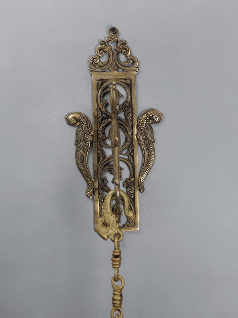 38" Brass Wall Hanging Parrot Bracket with Lord Dancing Ganesha Bell