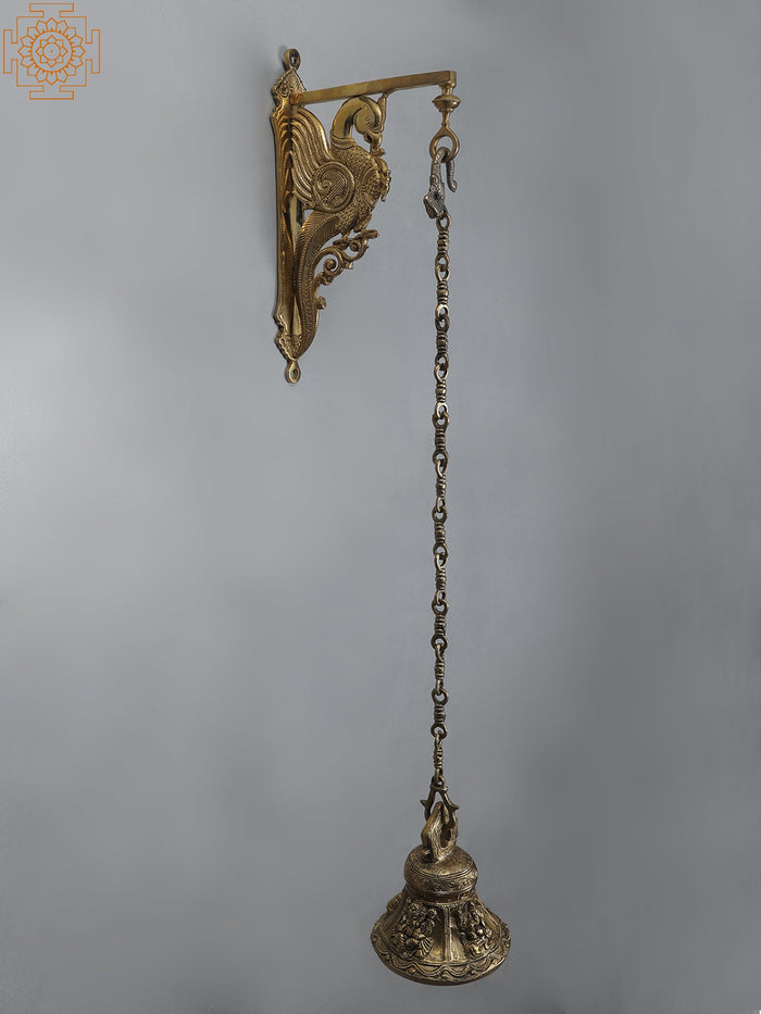 37" Brass Lord Ganesha Bell Statue with Parrot Bracket