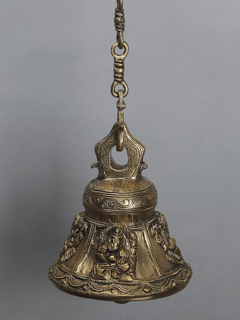 37" Brass Lord Ganesha Bell with Parrot Bracket