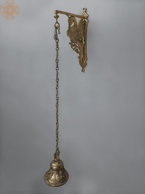 37" Brass Lord Ganesha Bell with Parrot Bracket