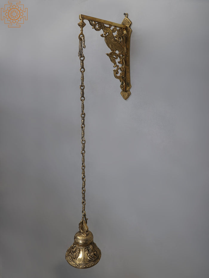 42" Brass Lord Ganesha Bell with Peacock Wall Hanging Bracket