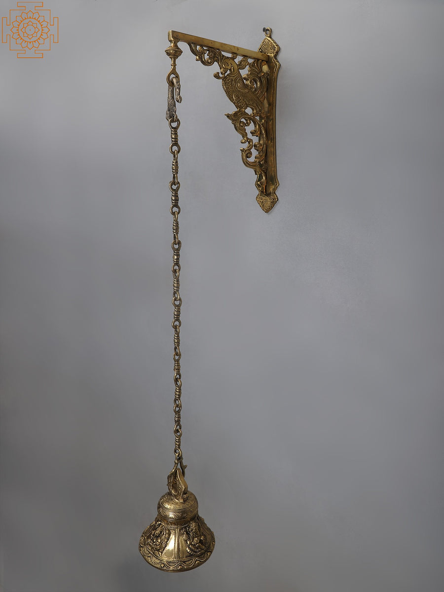 42" Brass Lord Ganesha Bell with Peacock Wall Hanging Bracket