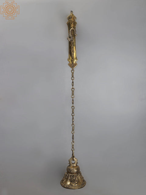 42" Brass Lord Ganesha Bell with Wall Hanging Peacock Bracket