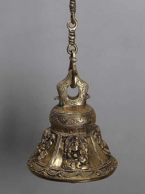42" Brass Lord Ganesha Bell with Wall Hanging Peacock Bracket
