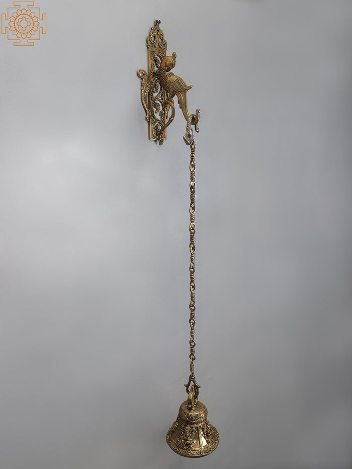 42" Brass Lord Ganesha Bell with Parrot Wall Bracket