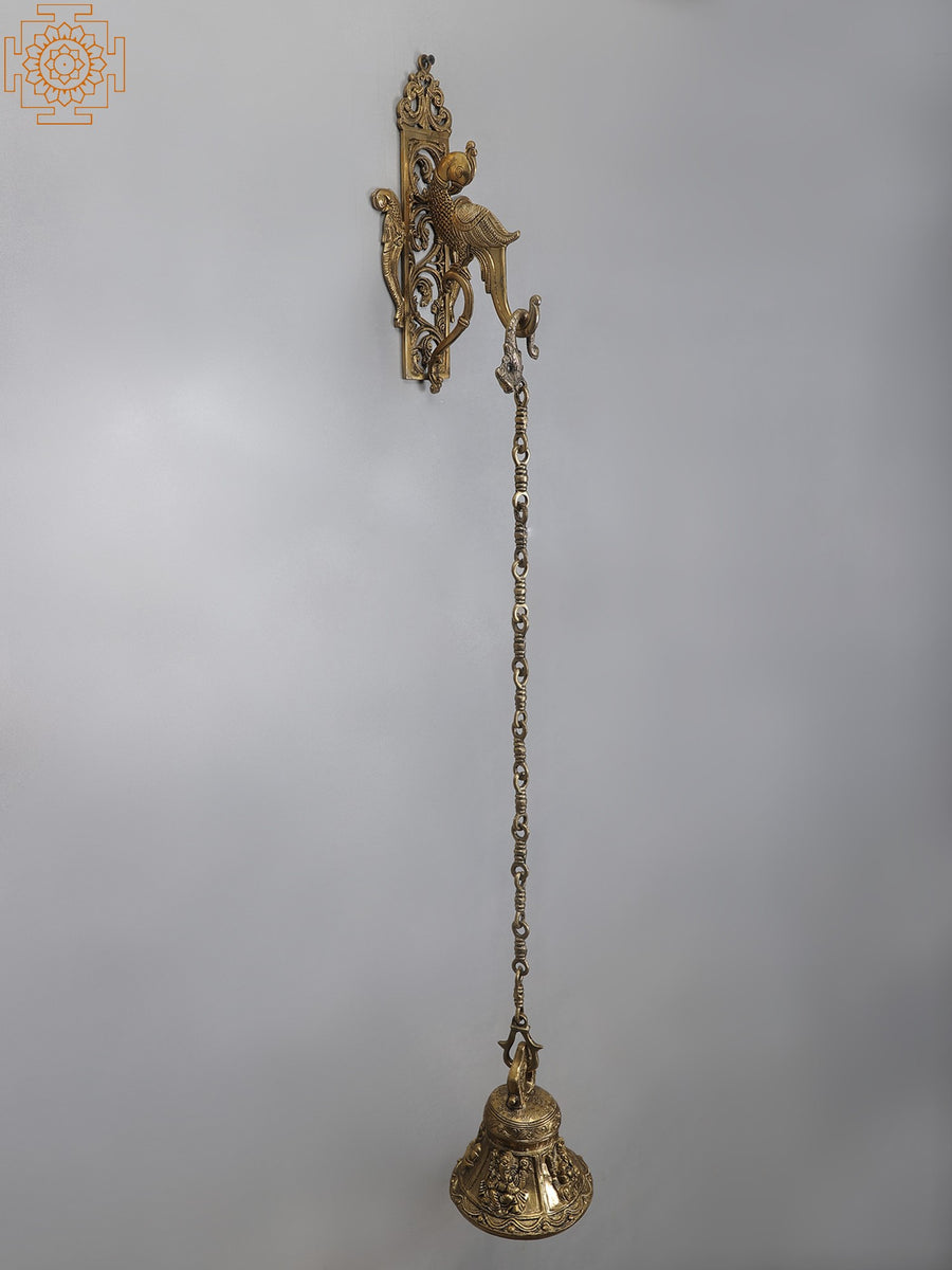 42" Brass Lord Ganesha Bell with Parrot Wall Bracket