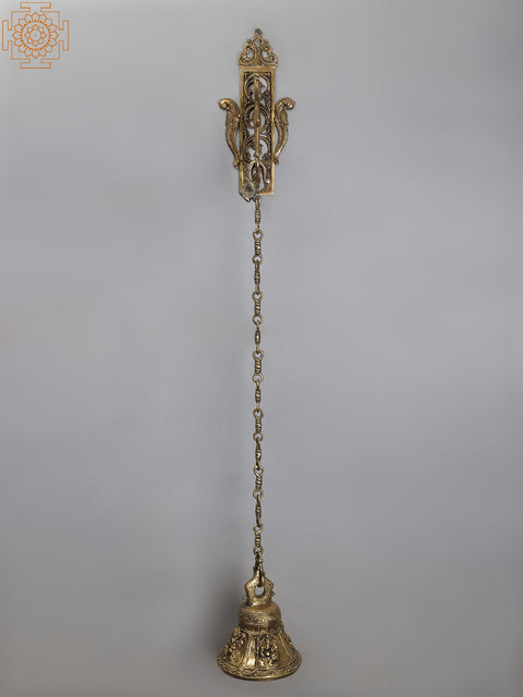 42" Brass Lord Ganesha Bell with Wall Hanging Parrot Bracket