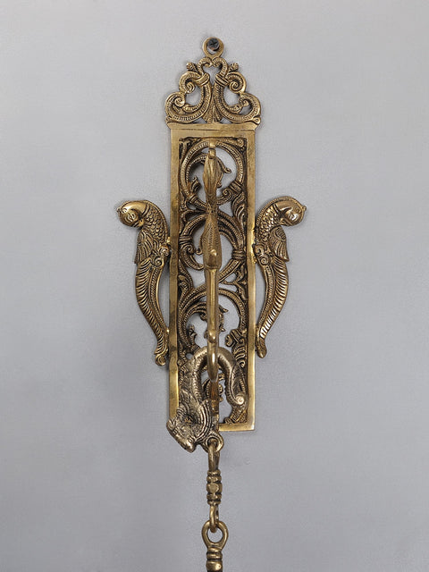 42" Brass Lord Ganesha Bell with Wall Hanging Parrot Bracket