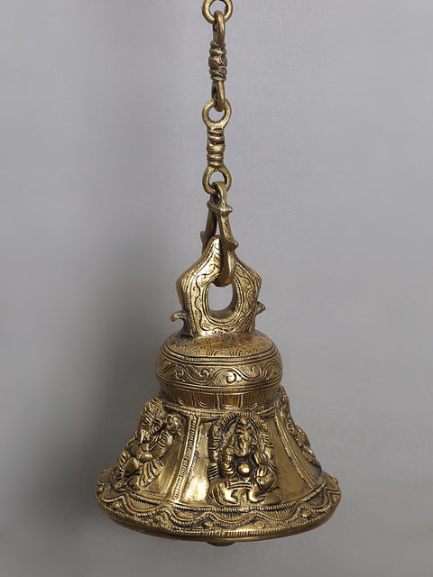 42" Brass Lord Ganesha Bell with Wall Hanging Parrot Bracket