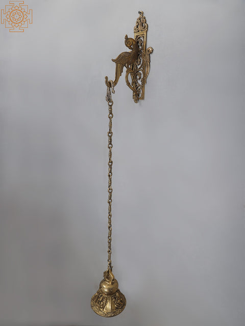 42" Brass Lord Ganesha Bell with Wall Hanging Parrot Bracket