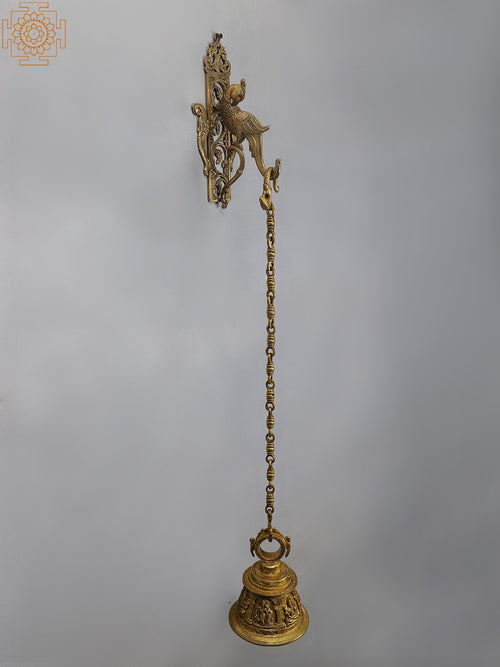 42" Brass Hanging Temple Bell with Parrot Bracket for Pooja