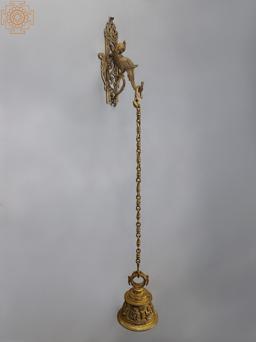 42" Brass Hanging Temple Bell with Parrot Bracket for Pooja