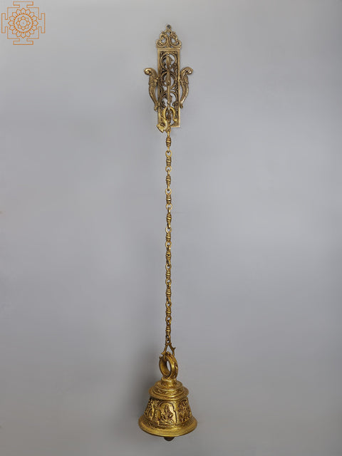42" Brass Temple Hanging Bell with Parrot Bracket | Lord Shiva, Hanuman, Ganesha, Goddess Lakshmi, Durga and Radha Krishna