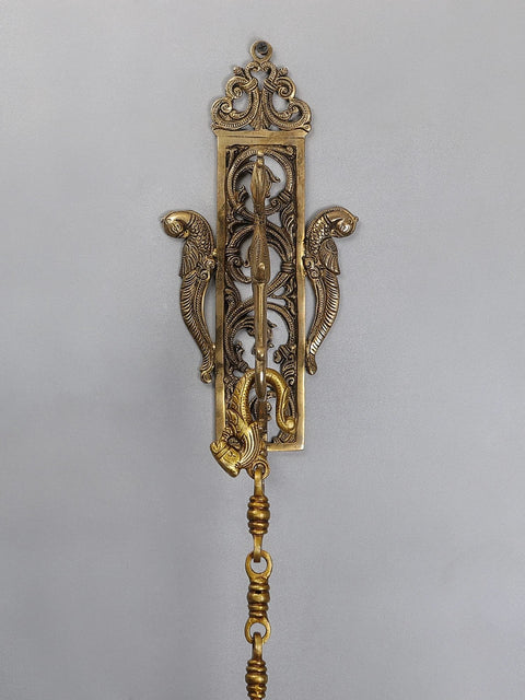 42" Brass Temple Hanging Bell with Parrot Bracket | Lord Shiva, Hanuman, Ganesha, Goddess Lakshmi, Durga and Radha Krishna