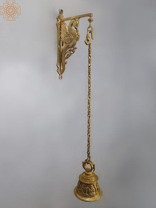 38" Brass Parrot Bracket Temple Hanging Bell with Deity Designs