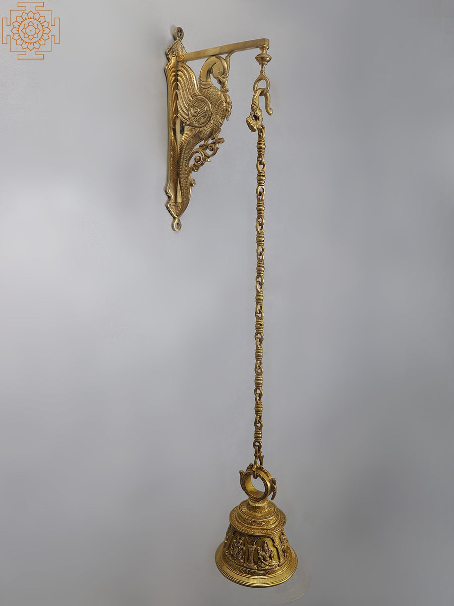 38" Brass Parrot Bracket Temple Hanging Bell with Deity Designs