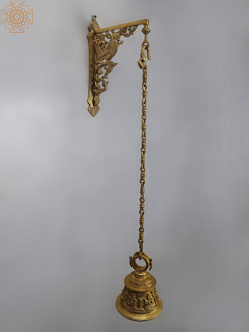 37" Brass Peacock Bracket Hanging Bell for Pooja
