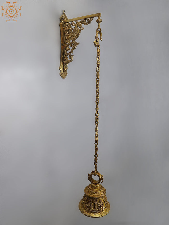37" Brass Peacock Bracket with Temple Hanging Bell | Lord Shiva, Hanuman, Ganesha, Goddess Lakshmi, Durga and Radha Krishna