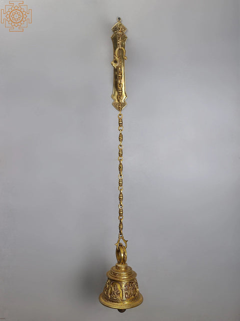 37" Brass Peacock Bracket with Temple Hanging Bell | Lord Shiva, Hanuman, Ganesha, Goddess Lakshmi, Durga and Radha Krishna