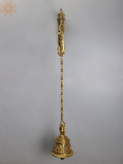 37" Brass Peacock Bracket with Temple Hanging Bell | Lord Shiva, Hanuman, Ganesha, Goddess Lakshmi, Durga and Radha Krishna