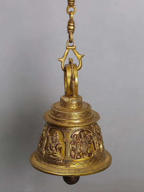 37" Brass Peacock Bracket with Temple Hanging Bell | Lord Shiva, Hanuman, Ganesha, Goddess Lakshmi, Durga and Radha Krishna